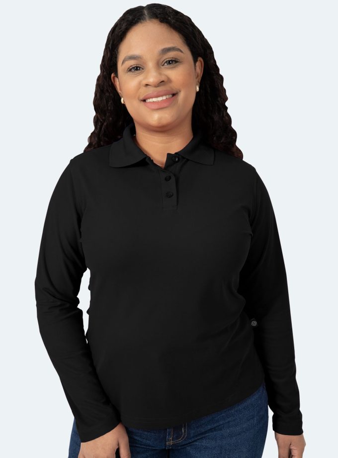 Women’s Black Long Sleeve Piqué Polo Shirt - Real Basics