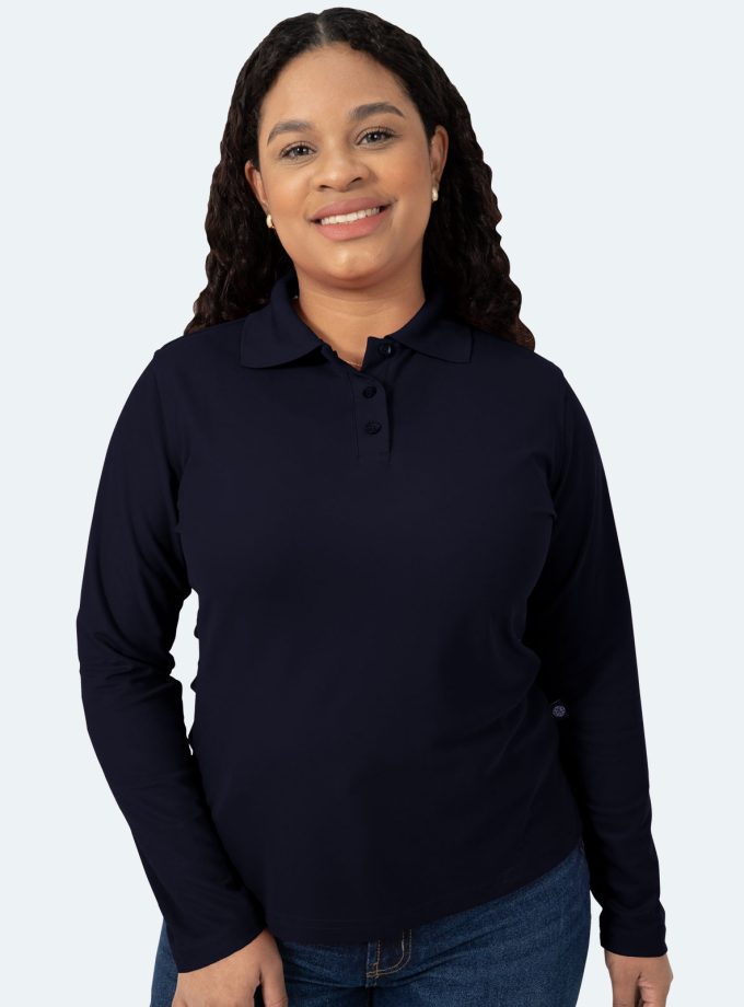 Women’s Navy Blue Long Sleeve Piqué Polo Shirt - Real Basics