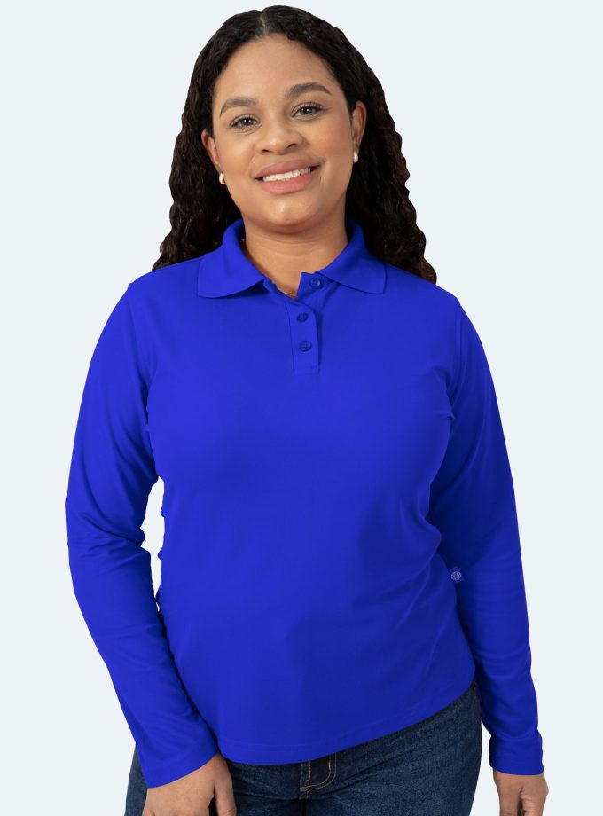 Women’s Royal Blue Long Sleeve Piqué Polo Shirt - Real Basics