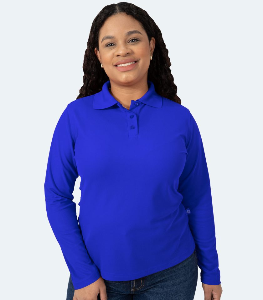 Women’s Royal Blue Long Sleeve Piqué Polo Shirt - Real Basics