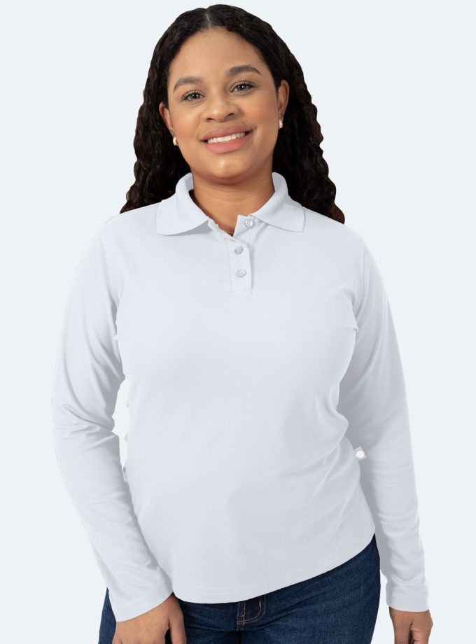 Women’s White Long Sleeve Piqué Polo Shirt - Real Basics